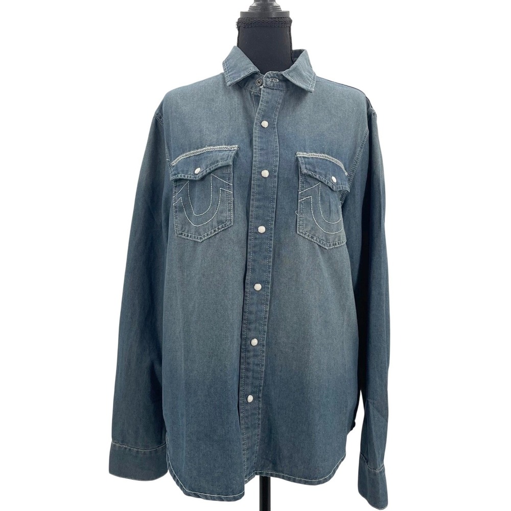 True Religion Mens Chambray Western Snap Shirt Buddha Logo Blue 700701 Small NWT